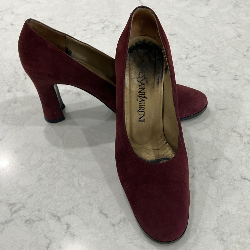 Beautiful‎ Vintage Yves Saint Laurent Burgundy Suede Chunky Heel Pumps Sz 7- EUC